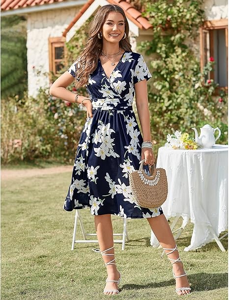 Robe courte d’été pour femme, manches courtes, col en V, motif floral, avec poches
