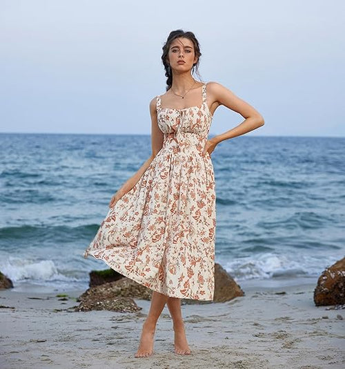 Robe florale beige et orange