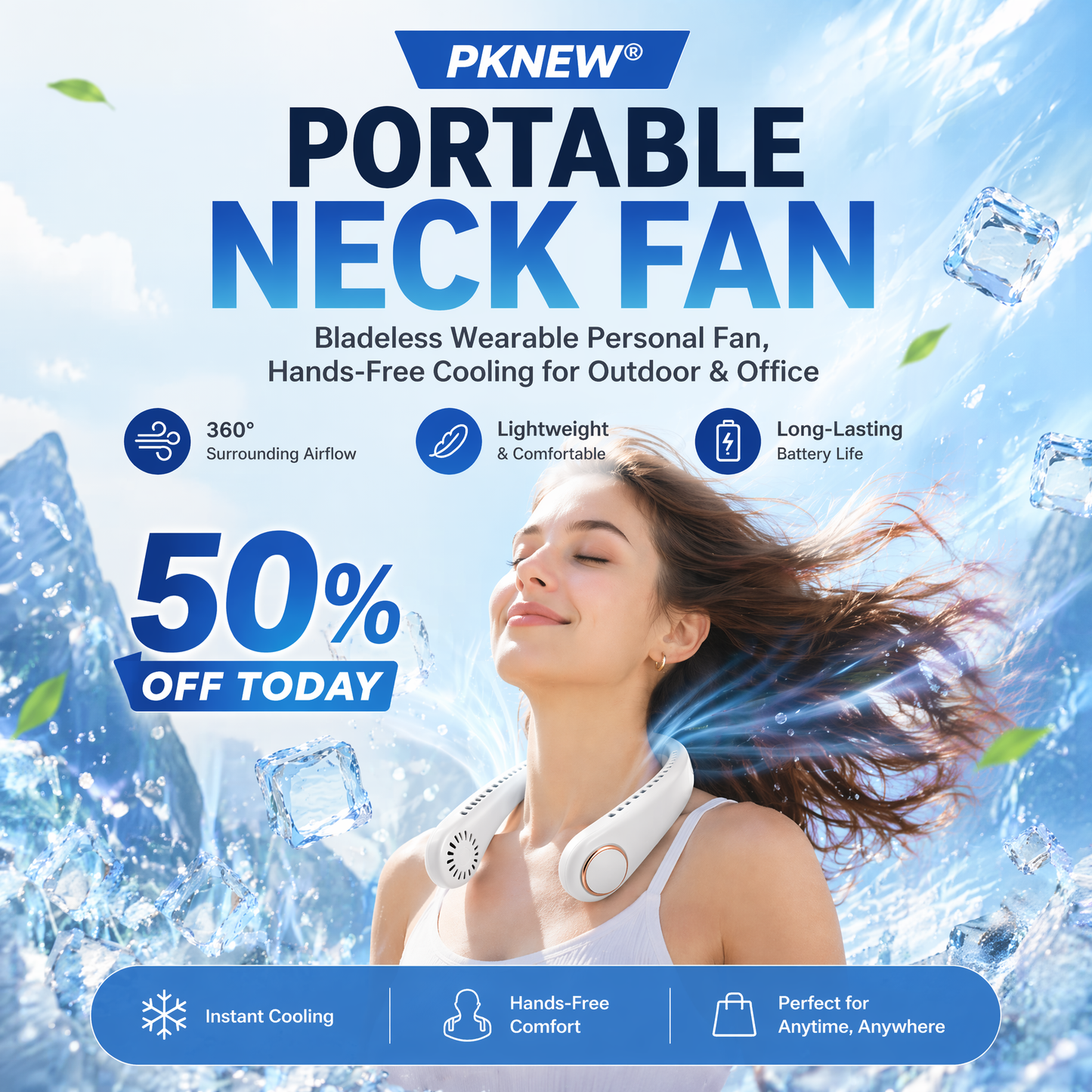 𝗣𝗞𝑵𝐄𝐖® 𝒗𝒆𝒏𝒕𝒊𝒍𝒂𝒕𝒆𝒖𝒓 𝒅𝒆 𝒄𝒐𝒖 𝒔𝒂𝒏𝒔 𝒑𝒂𝒍𝒆𝒔, portable et mains libres, idéal pour un usage quotidien au bureau et en extérieur.